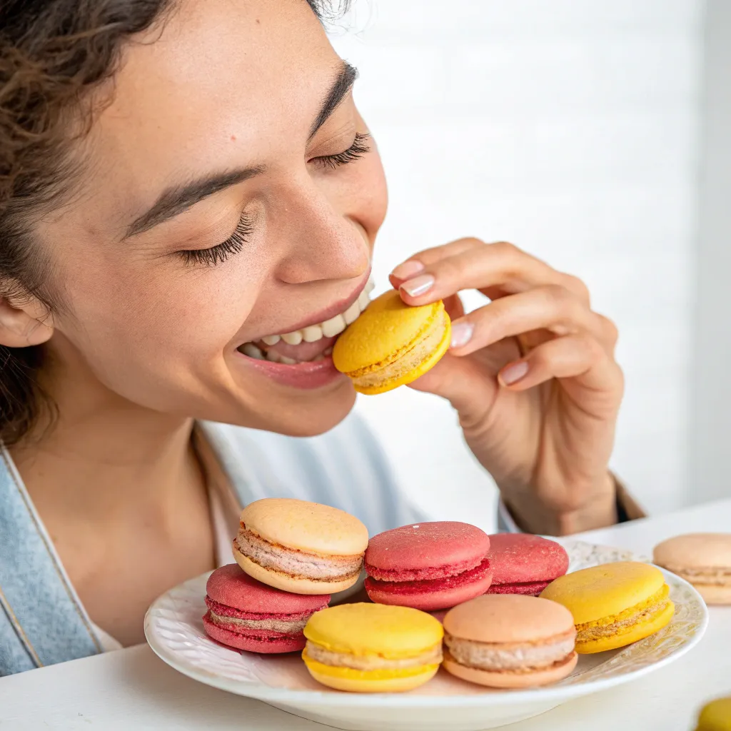 Satisfied participant tasting a macaron