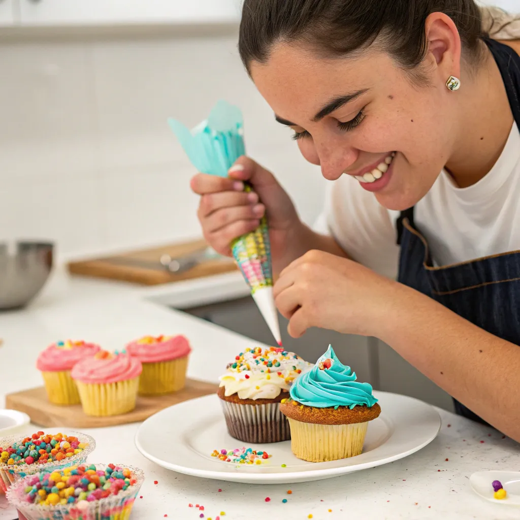 Enthusiastic participant decorating a cupcake