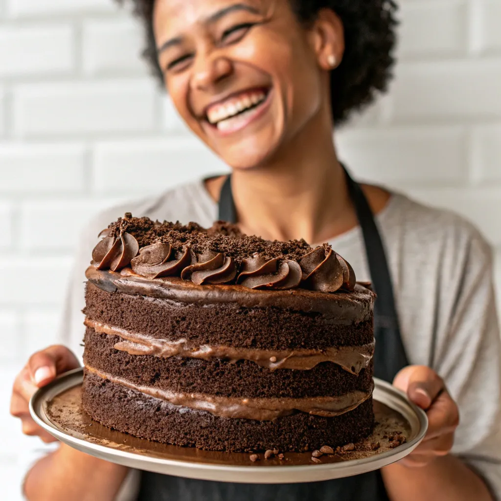 Smiling participant holding a chocolate cake